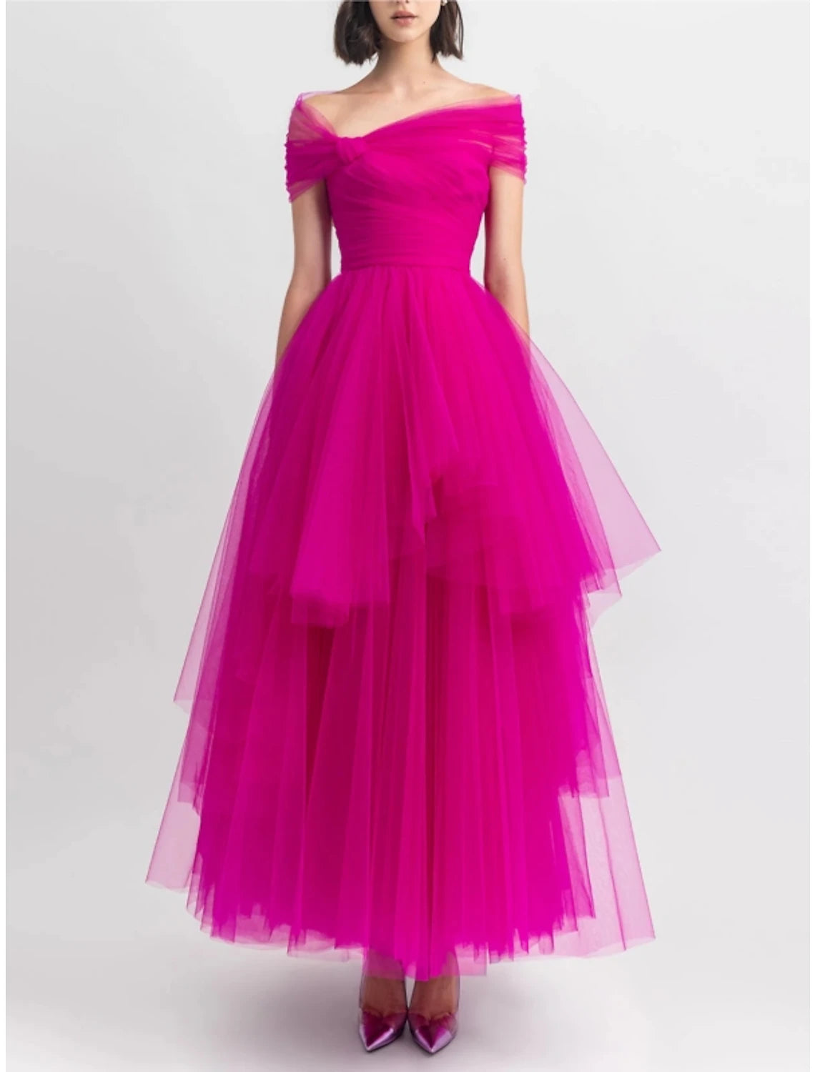 A-Line Evening Gown Party Dress Puffy Dress Formal Fall Ankle Length Short Sleeve Off Shoulder Tulle with Pleats Ruched 2025